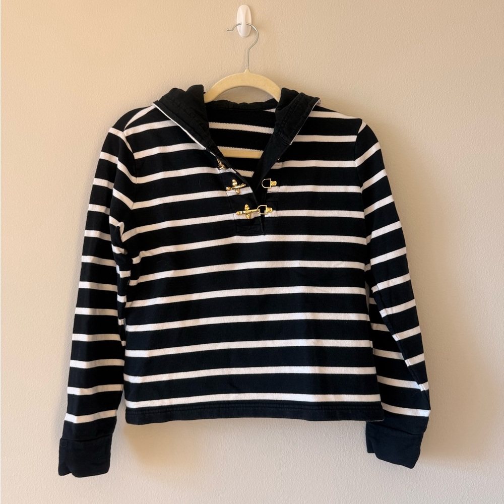Ralph Lauren XS Striped Black and White Hoodie Sweater with Gold Toggle Closures